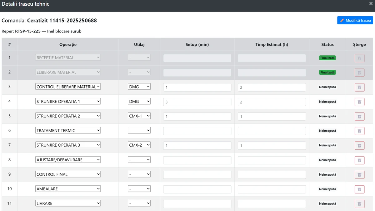 Detalii traseu tehnologic – Editare flux